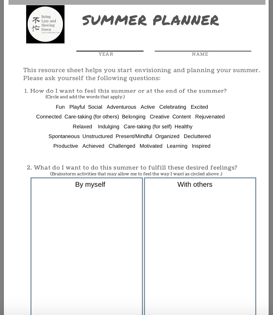 Resource Sheet: Summer Planner
